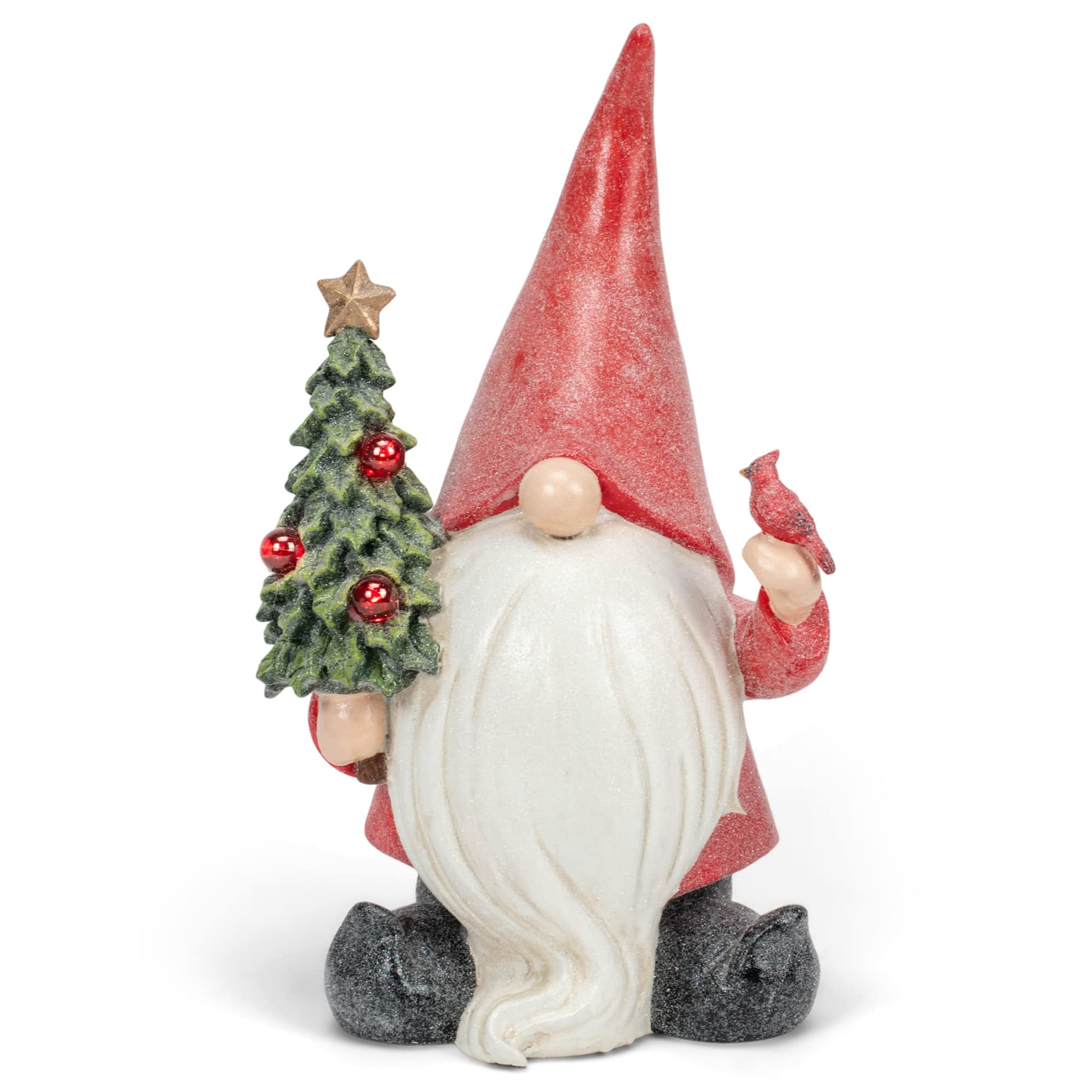 Napco Garden Gnome Holding a LED Light Christmas Tree and Cardinal Figurine, 12-inches Height, Red, White, Green, Black, Resin, Freestanding Holiday Décor