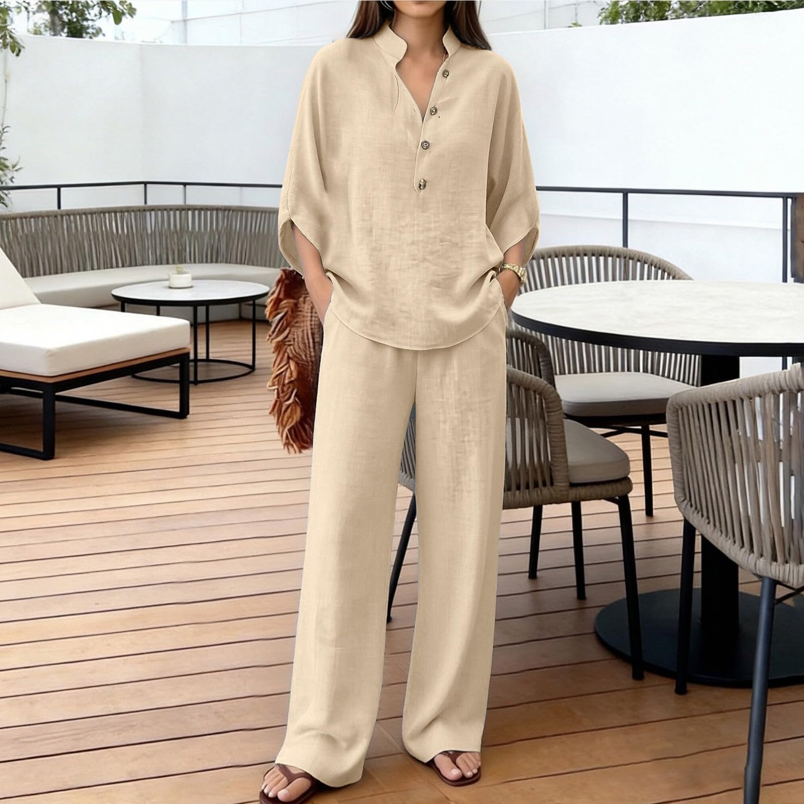 Ensemble pour femme élégant d'été Curvy coton lin costume d'été complet 2 pièces chemise + pantalon ample combinaisons d'été grande taille confortable ensemble coordonnées d'été décontracté complet
