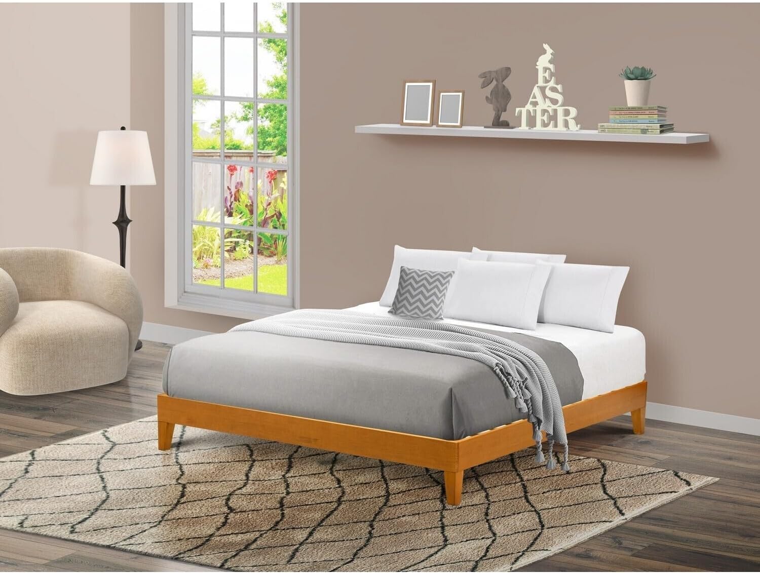 HomeStock Southwestern Style King Size Bed Frame with 4 Hardwood Legs and 2 Extra Center Legs Oak Finish
