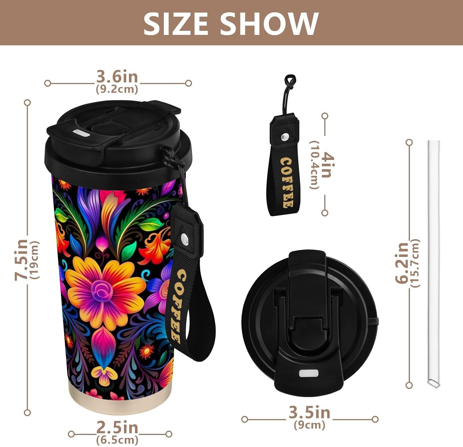 Colorful Mexican Floral 17oz Insulated Coffee Mug with Dual-Function Lid, Ceramic Lined Travel Tumbler for Pure Taste, Stainless Steel Water Bottle with Straw, Fits Cup Holders