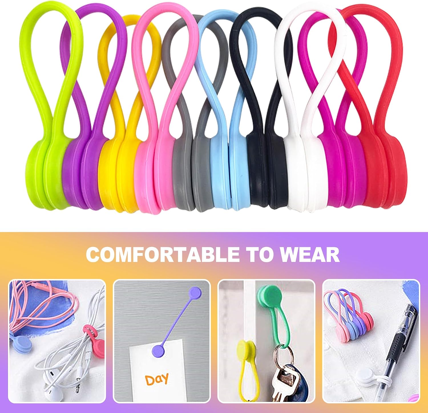 20 Pack Flexible Magnetic Silicone Cable Ties Reusable - Cord Organizer, Magnetic Cable Holder for Office and Fridge Magnets