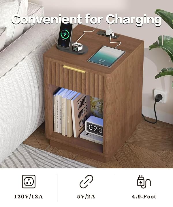 Akxomel Fluted Nightstands Set of 2, Wooden Night Stand with Charging Station and LED Light, Modern Mid Century End Table with Drawer, 15" D x 15.7" W x 22.6" H, for Bedroom, Walnut by Akxomel - Used condition - Image 6