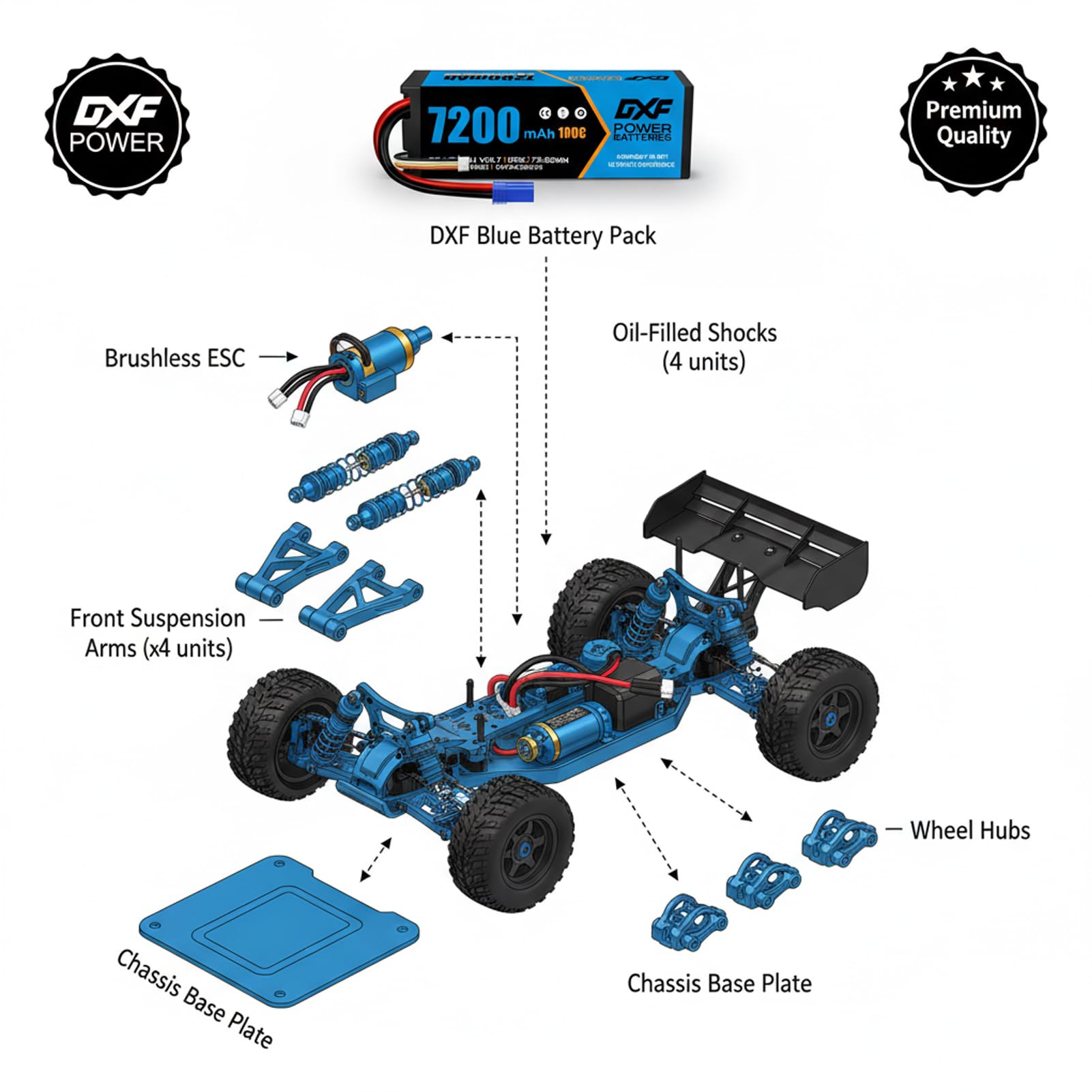 DXF Batteria 3S Lipo 11,1V 100C 7200mAh rigida con spina EC5 per RC Car,RC Truck, RC Auto Barca, Camion Truggy Hobby (2 confezioni)