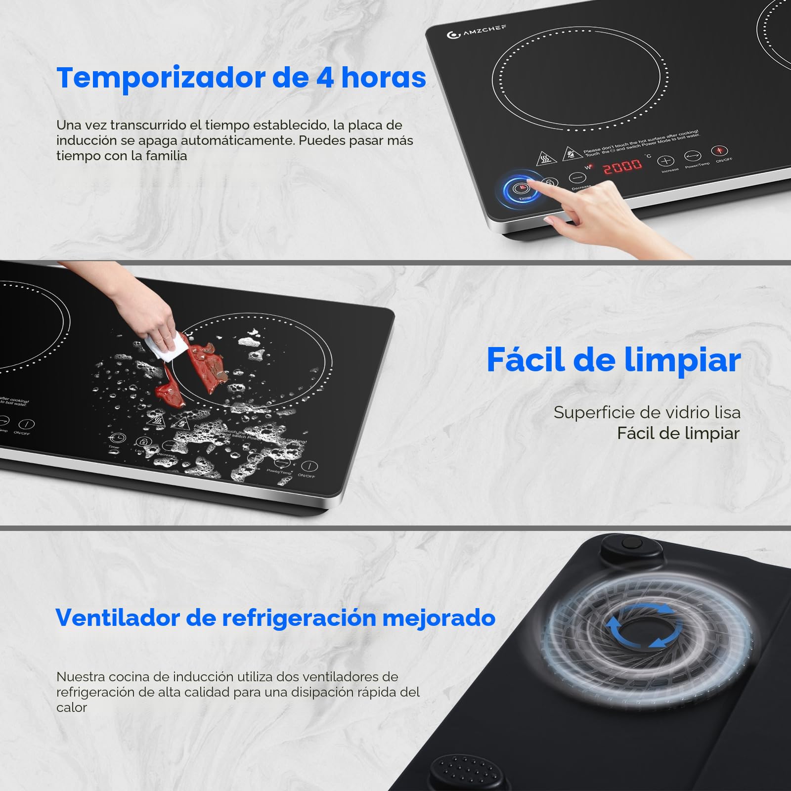 AMZCHEF Placa Inducción 2 Fuegos, Placa de Inducción Portatil 3500W con Controles Independientes, IGBT Mejorado, 20 Niveles de Temperatura, Múltiples Niveles de Potencia, Temporizador de 4 Horas