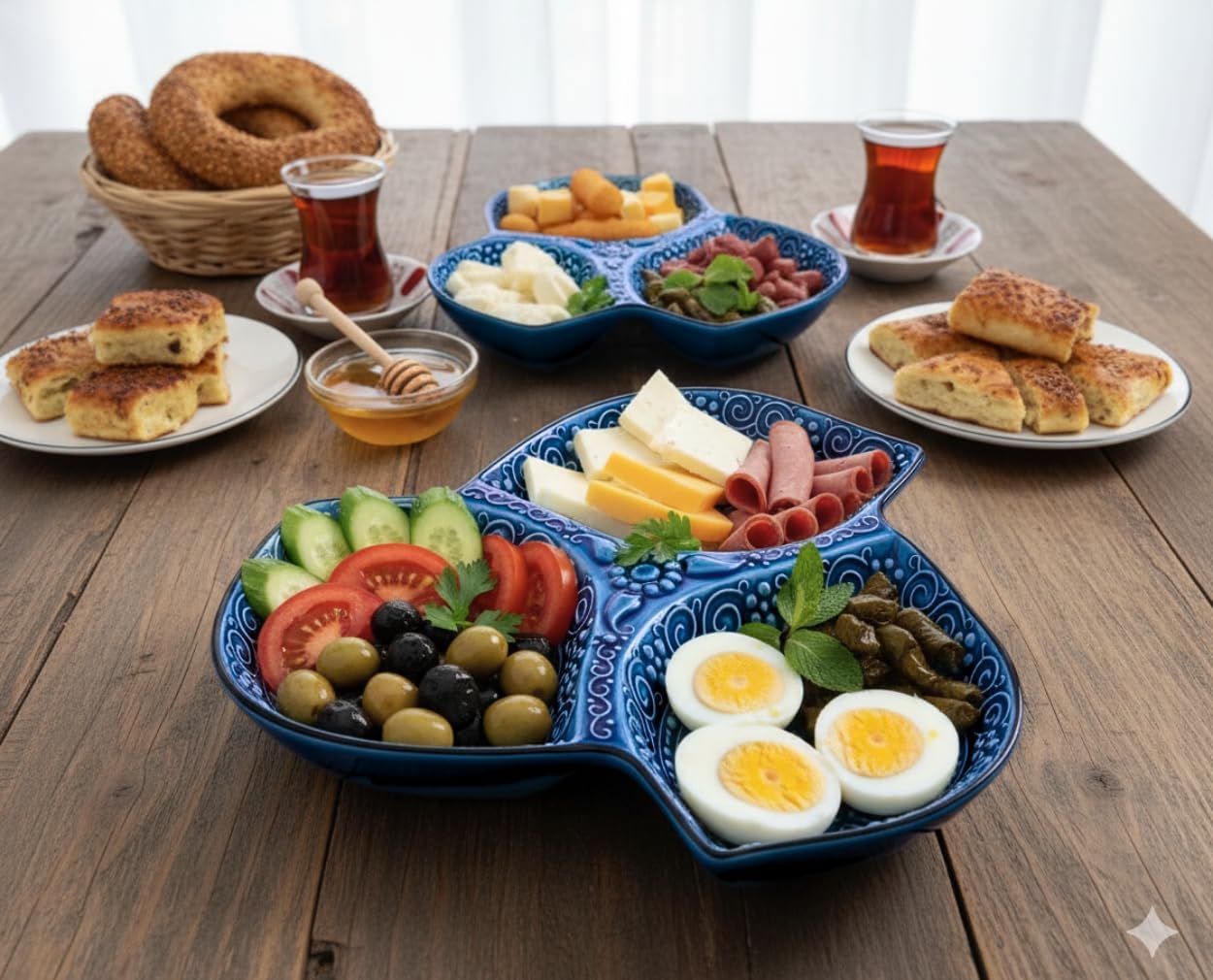 Leaf Shaped Decorative Ceramic Appetizer Plate - 3 Compartment Snack Tray Floral Pattern Serving Platter Cute Blue Divided Plates Embossed Dinnerware Bowls Dish for Fruits, Dips - Image 7