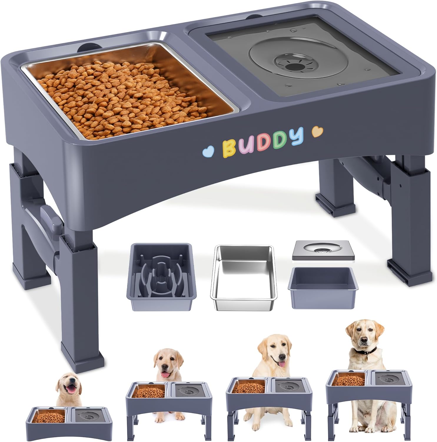 Decflow 3-in-1 Elevated Dog Bowls, 4 Height Adjustable Raised with Stainless Steel, Slow Feeder, No Spill Water Bowl, DIY Stickers Foldable Pet Bowl for Medium Large Dogs