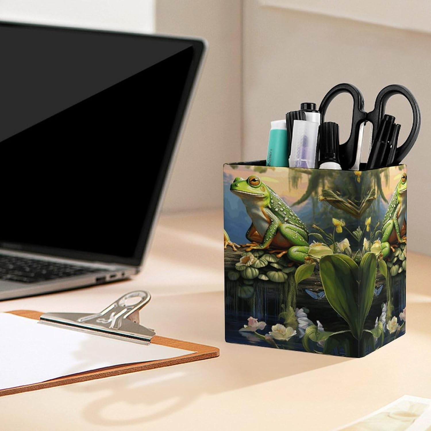PU Leather Pencil Holder Frogs Sing Pen Holder for Office Desk Accessories & Workspace Organizer Square Pencil Cup with Non-slip Bottom for Home Bathroom Conference Room image 5