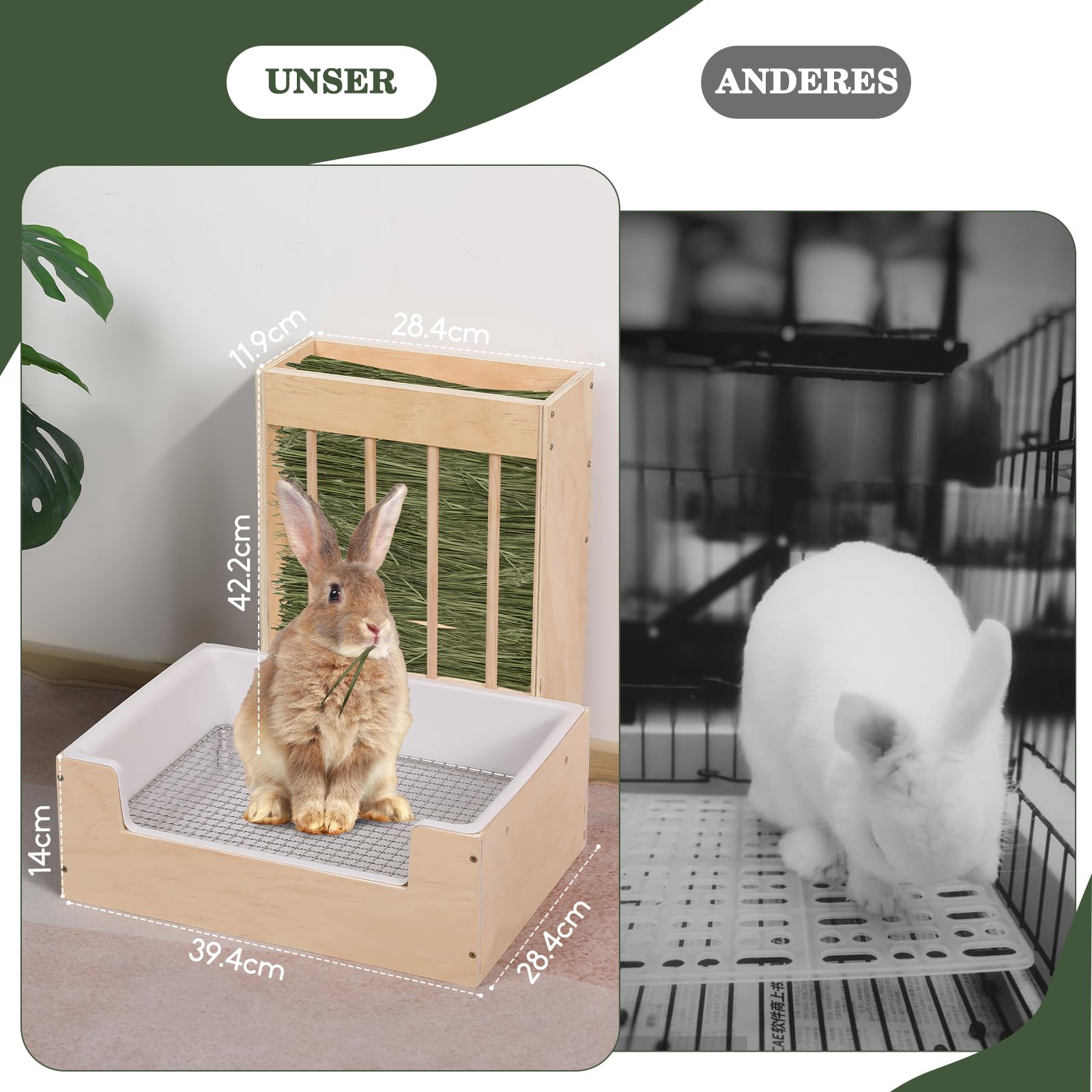 Großer 2-in-1 Heu- und Streu-Set für Kaninchen - Holzdesign, schmutzgeschützt für Meerschweinchen, Chinchillas, Hamster und Kaninchen