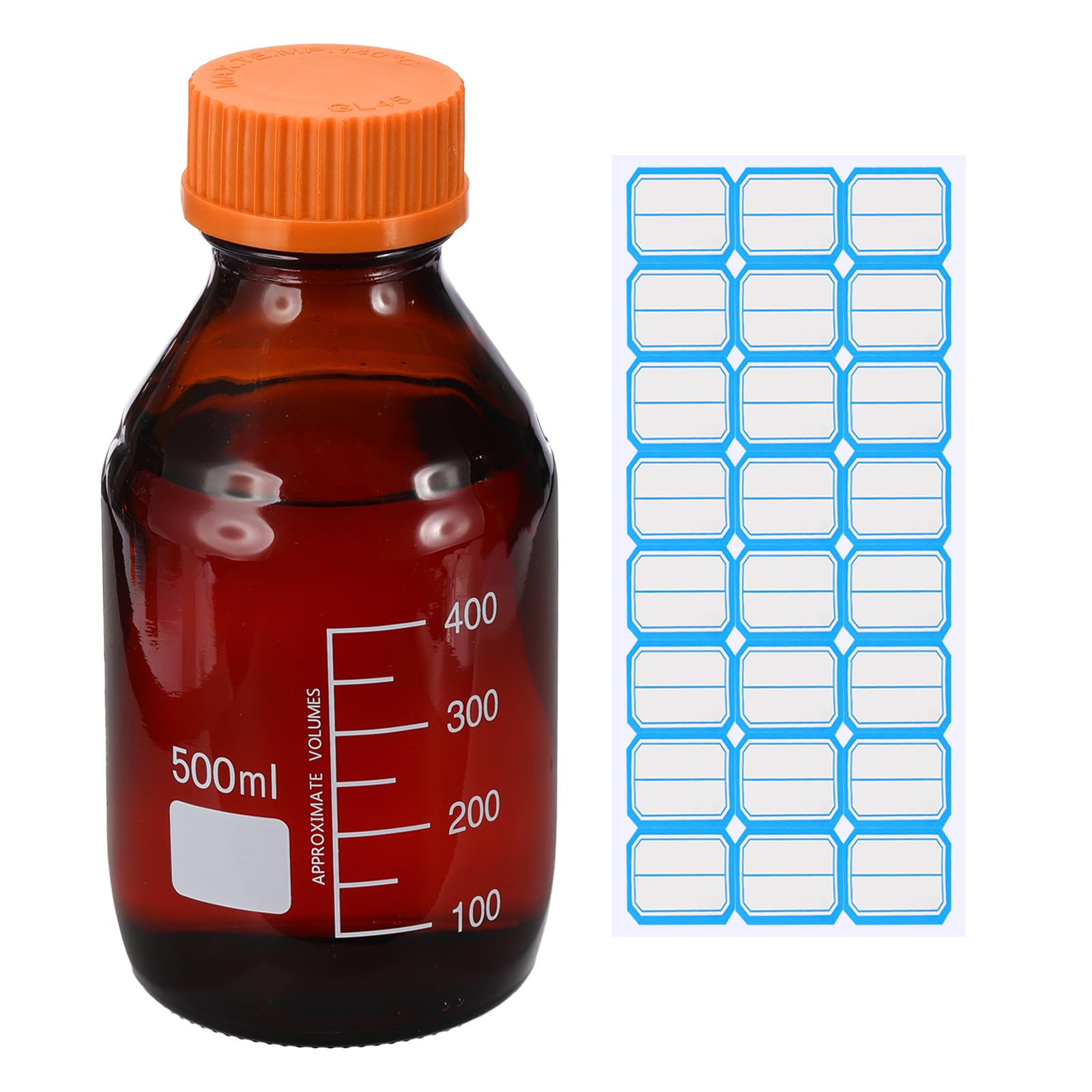 PATIKIL Bottiglie di Conservazione Media rotondo, 500ml Bottiglie rotondo in Vetro Spesso Graduato con Tappo Arancione GL45 per Liquidi di Reagenti d'Acqua da Laboratorio, Marrone