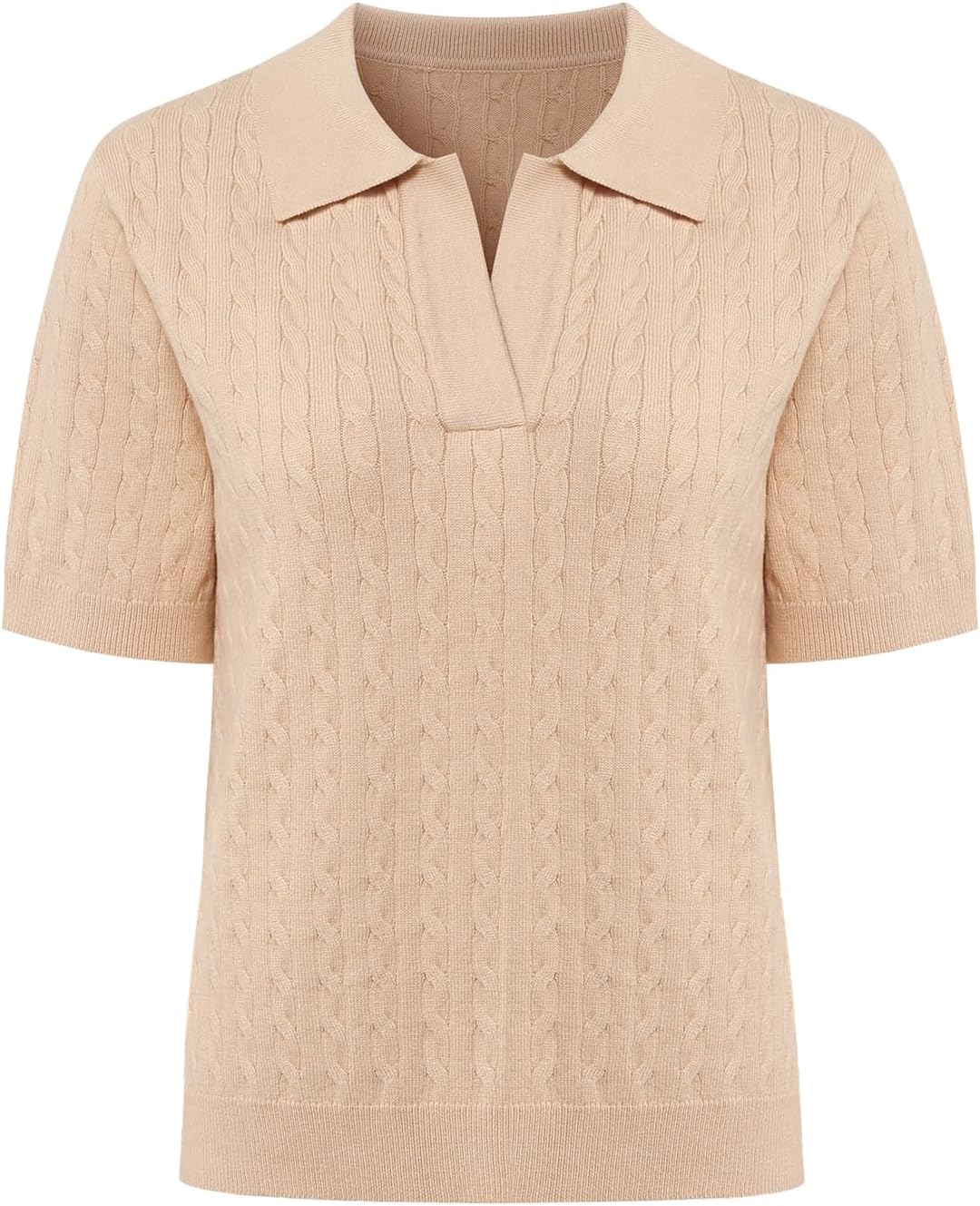 Women's Short Sleeve Sweater Top Solid Color Lapel V-Neck Knit Casual Soft Pullover