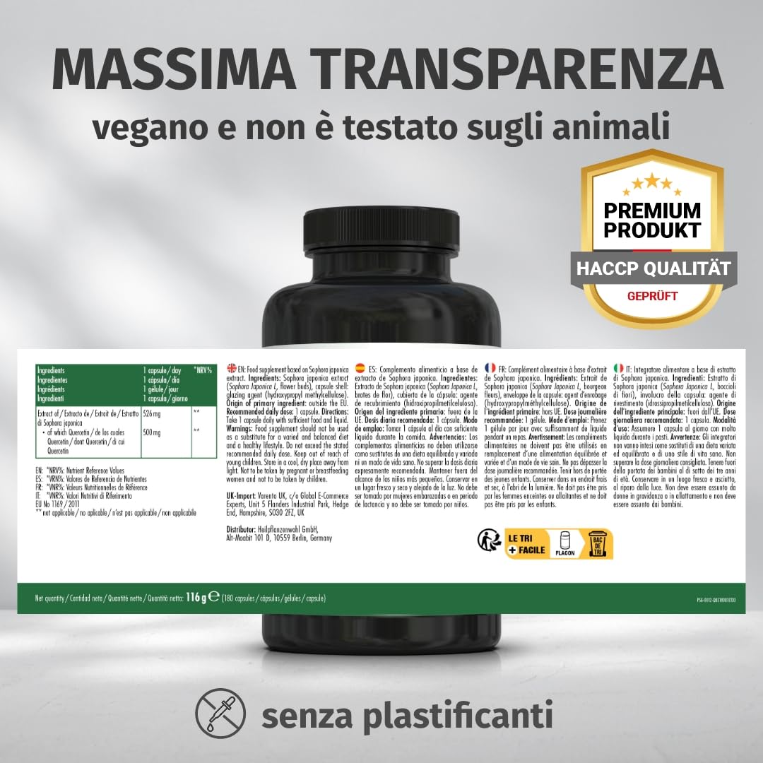 Green Naturals® Quercetina ad alto dosaggio – 500 mg da estratto naturale di Sophora japonica – 100% vegana & senza additivi – 180 capsule (6 mesi)