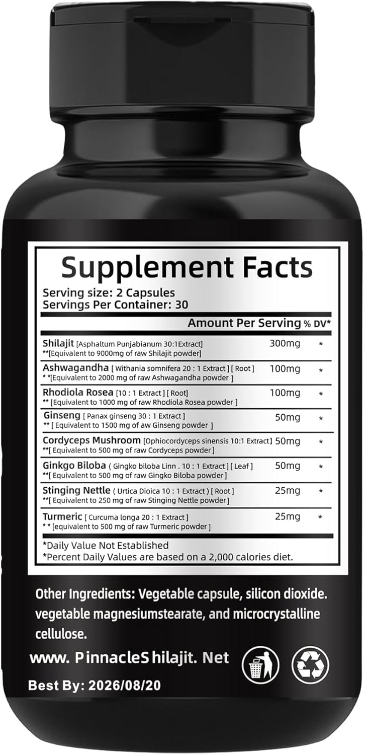 Pinnacle 8-in-1 Capsules with Shilajit, Rhodiola Rosea, Ashwagandha, Ginseng, Gingko Biloba, Turmeric, Cordyceps Mushroom & Stinging Nettle Supports Energy, Mental Clarity & Immunity.