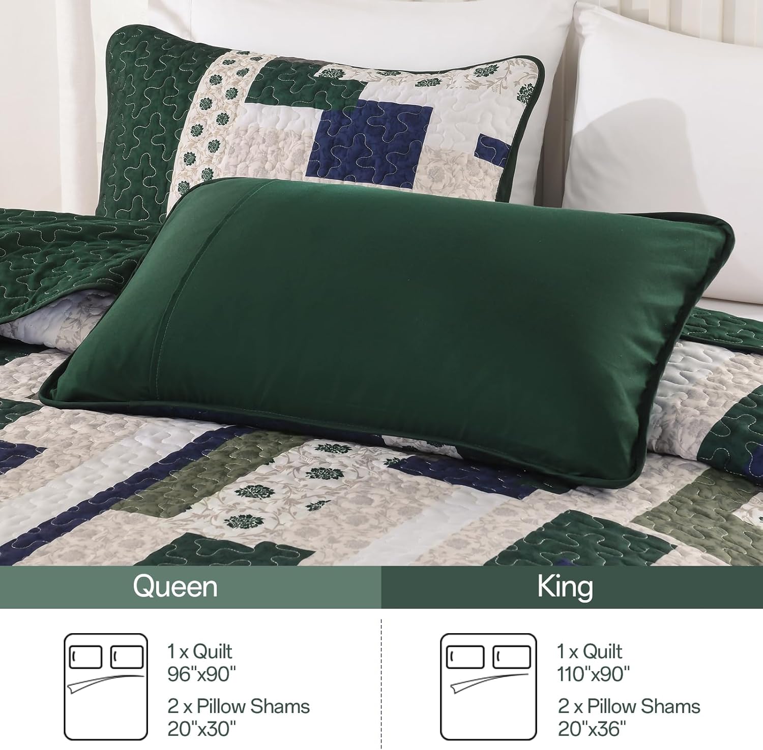 Yiran Olive Green King Quilt Set, Lightweight Patchwork Bedspreads Bedding Set, Farmhouse Coverlet Set with 2 Shams for All Seasons