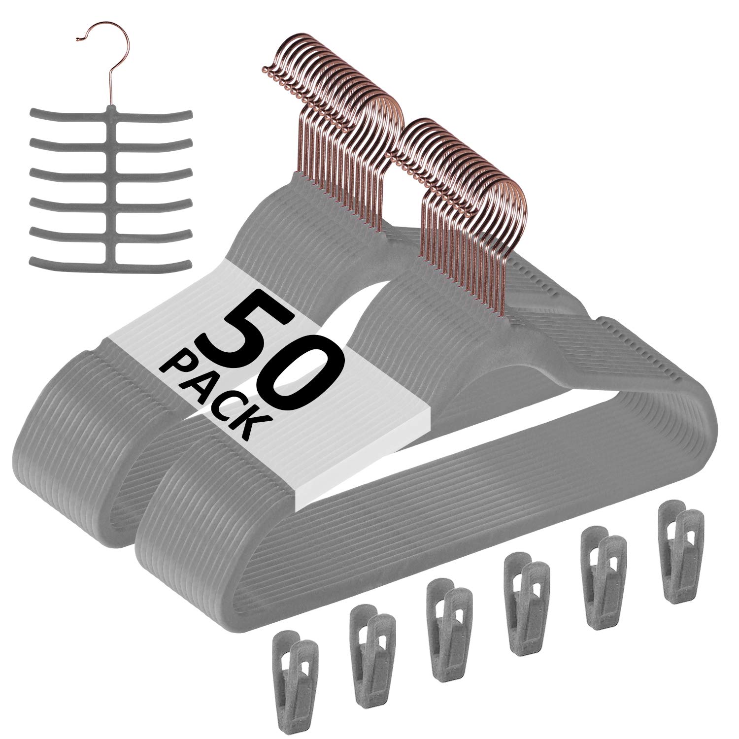 Cintres en velours robustes et fins, lot de 50 supports de penderie gris avec accroche cravate