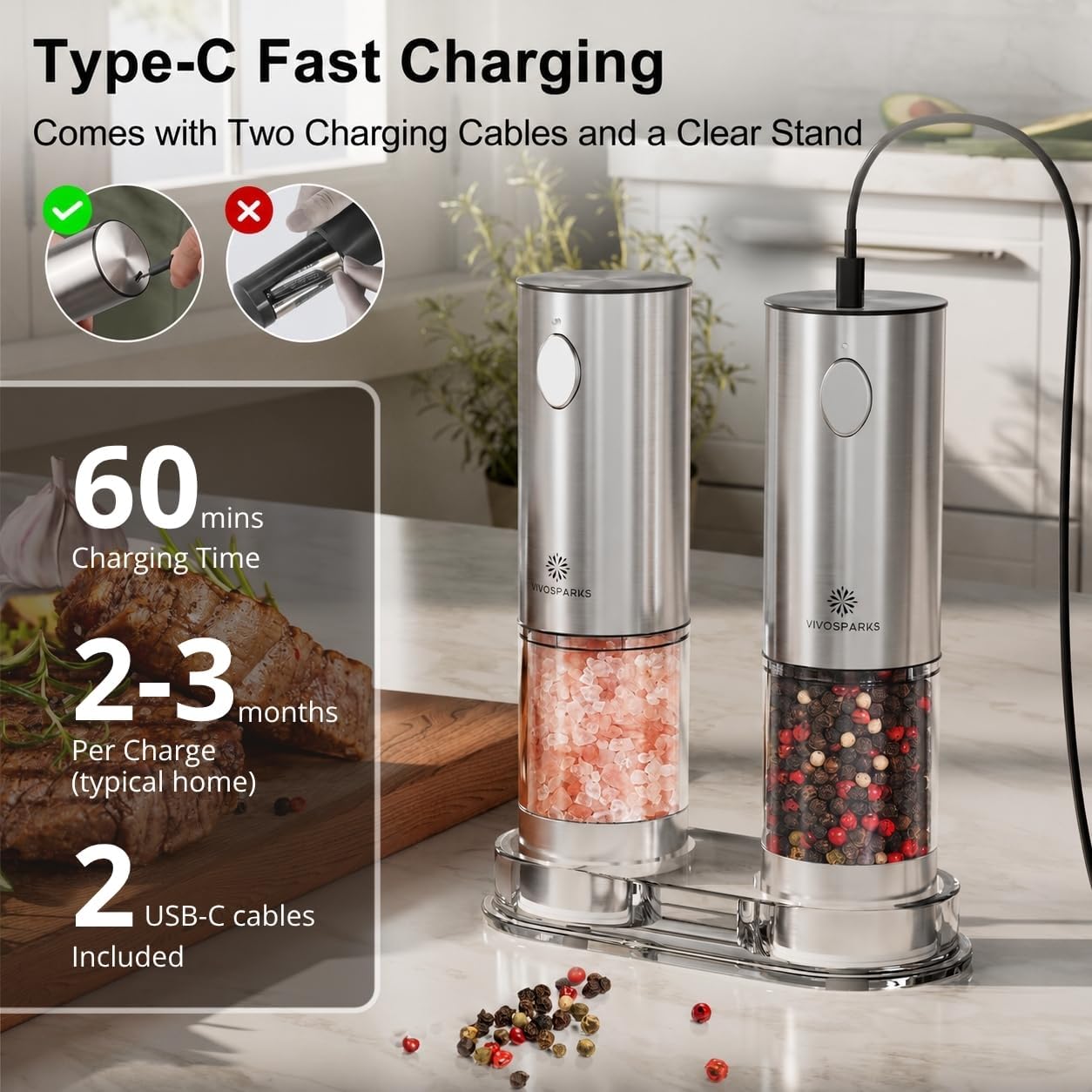 Electric Salt and Pepper Grinder Set, Rechargeable Automatic, Adjustable image 4