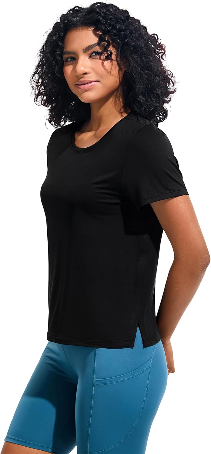 Ice Silk Women's Short Sleeve Workout Shirts Loose Fit Side Slits Athletic Tee Tops - Image 2