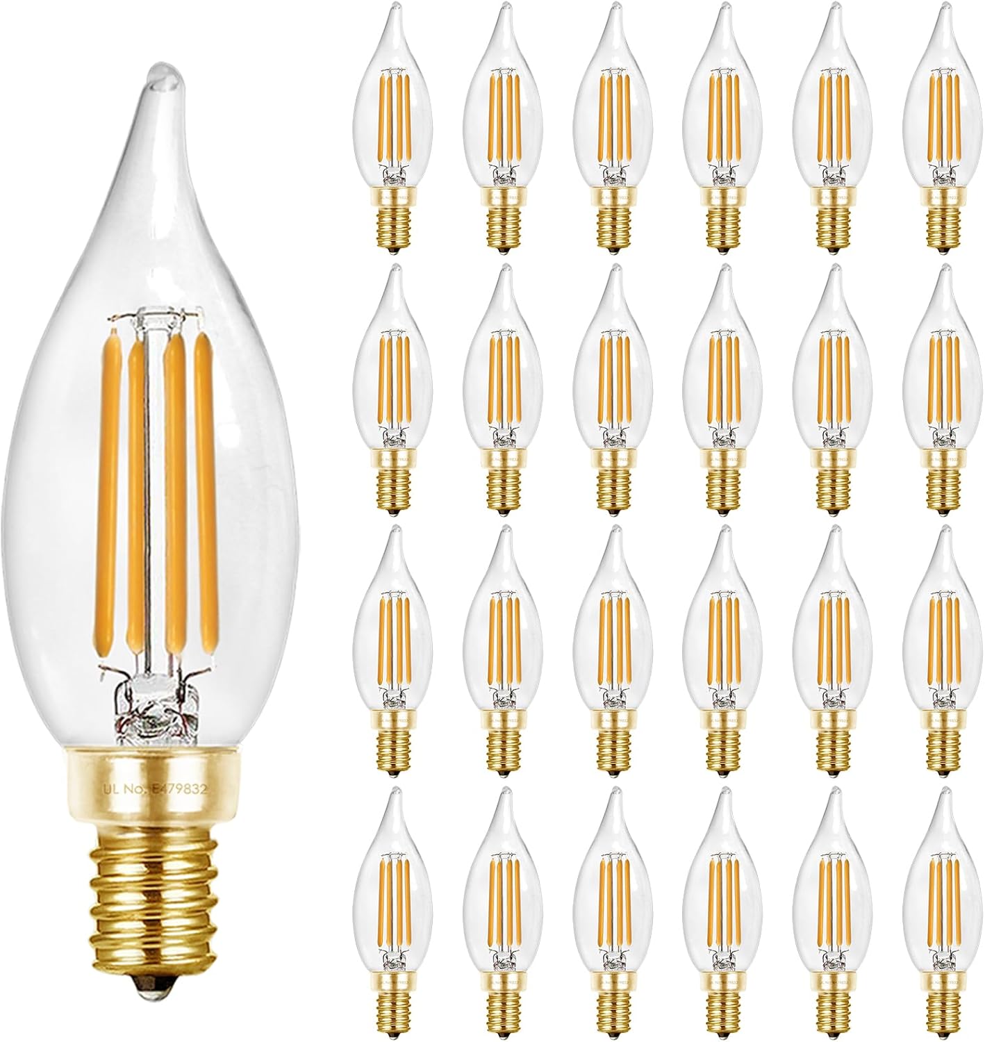 Hizashi E12 LED Bulb 40W Equivalent Candelabra Bulbs Dimmable 2700K Warm White, 90+ CRI Chandelier Light Bulbs, 4W 450LM Flame Tip CA10 Candle Light Bulbs, UL Listed - 24 Pack