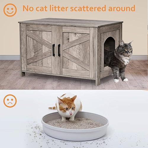 Miniatura 3 de Homhedy Caja de arena para gatos, caja de arena oculta con puerta de granero, muebles de madera para gatos, casa para gatos, se adapta a la mayoría