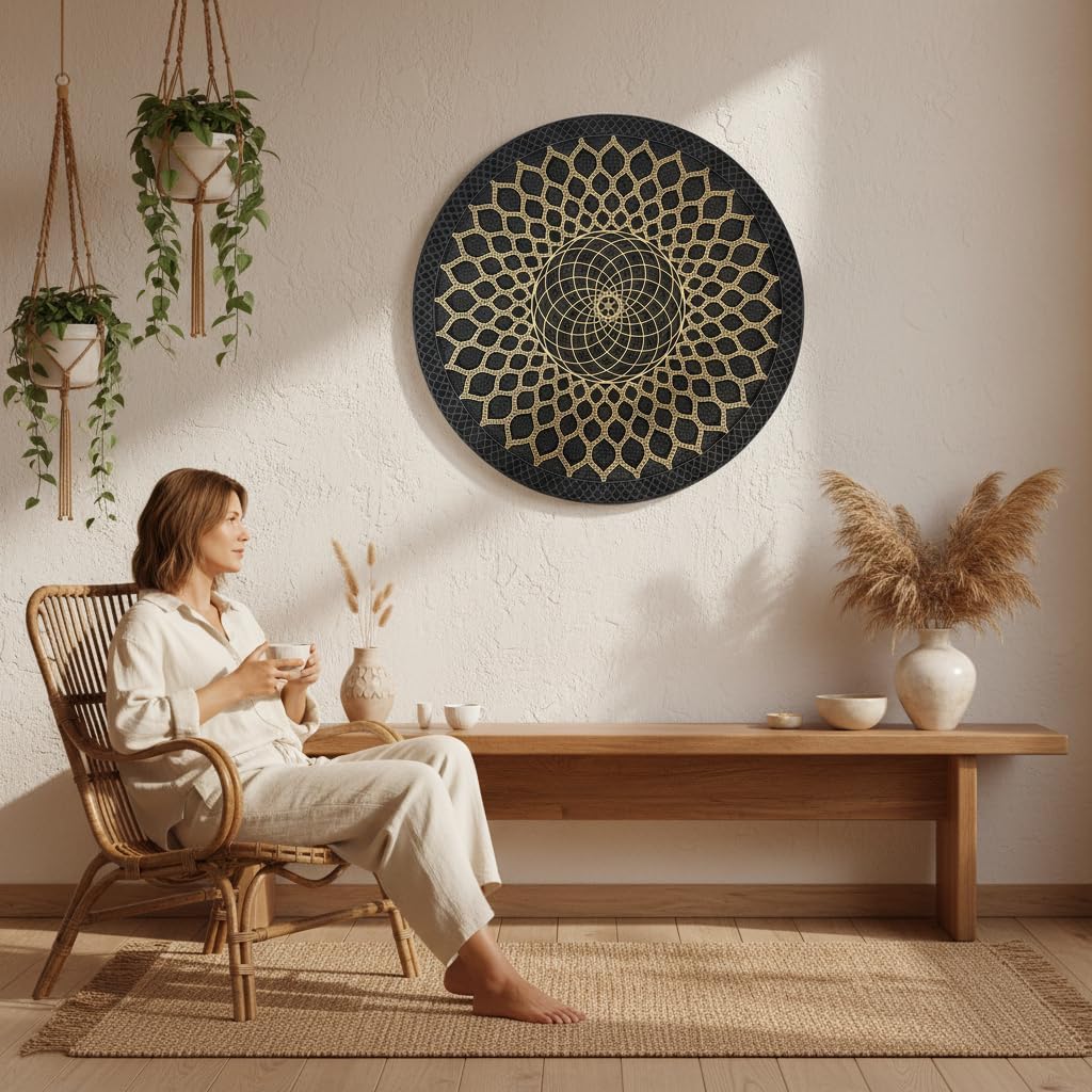 Anatoliawood Sacred Geometry Mandala Wooden Wall Art 60 cm (23.6 Inches) – Gold Mandala Layer on Anthracite Engraved Base, Laser Cut Spiritual Mandala Decor, Yoga Meditation Wall Art
