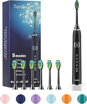 7AM2M Sonic Electric Toothbrush with 6 Brush Heads for Kids and Children, One Charge for 90 Days, Wireless Fast Charge, 5 Modes with 2 Minutes Build in Smart Timer, Electric Toothbrushes(Black)