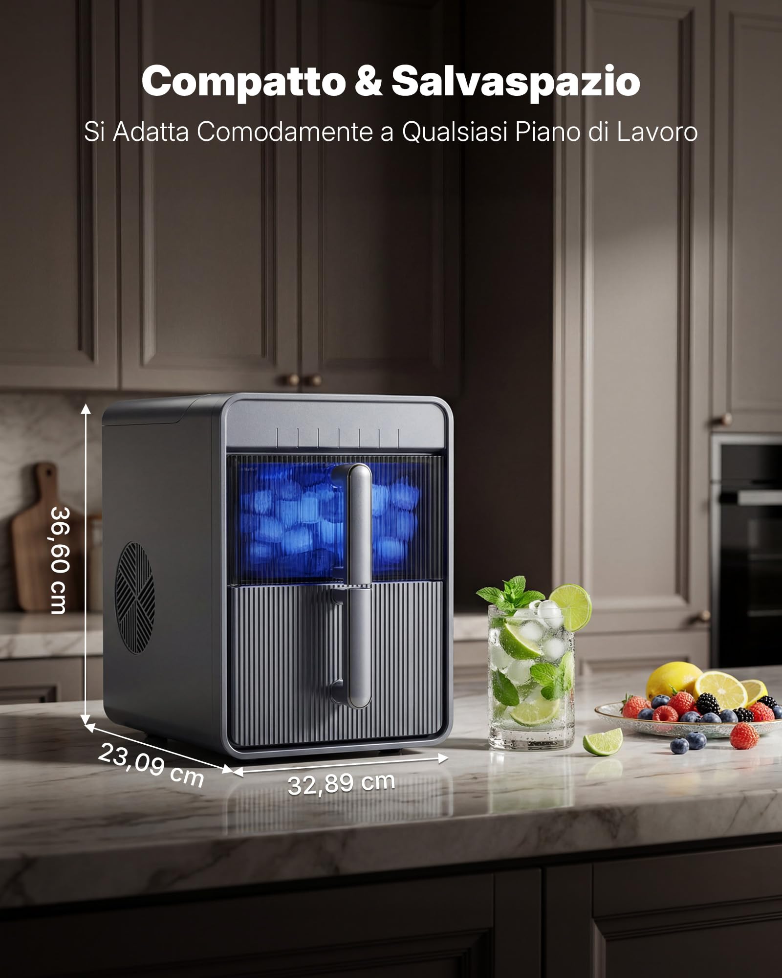 Upstreman Macchina per Ghiaccio con LED, Schermo Tattile Digitale, Serbatoio & Cestello Rimovibili, 9 Cubetti in 6-8 Min, 2 Dimensioni, Autopulente, Macchina Ghiaccio, Grigio, BI10