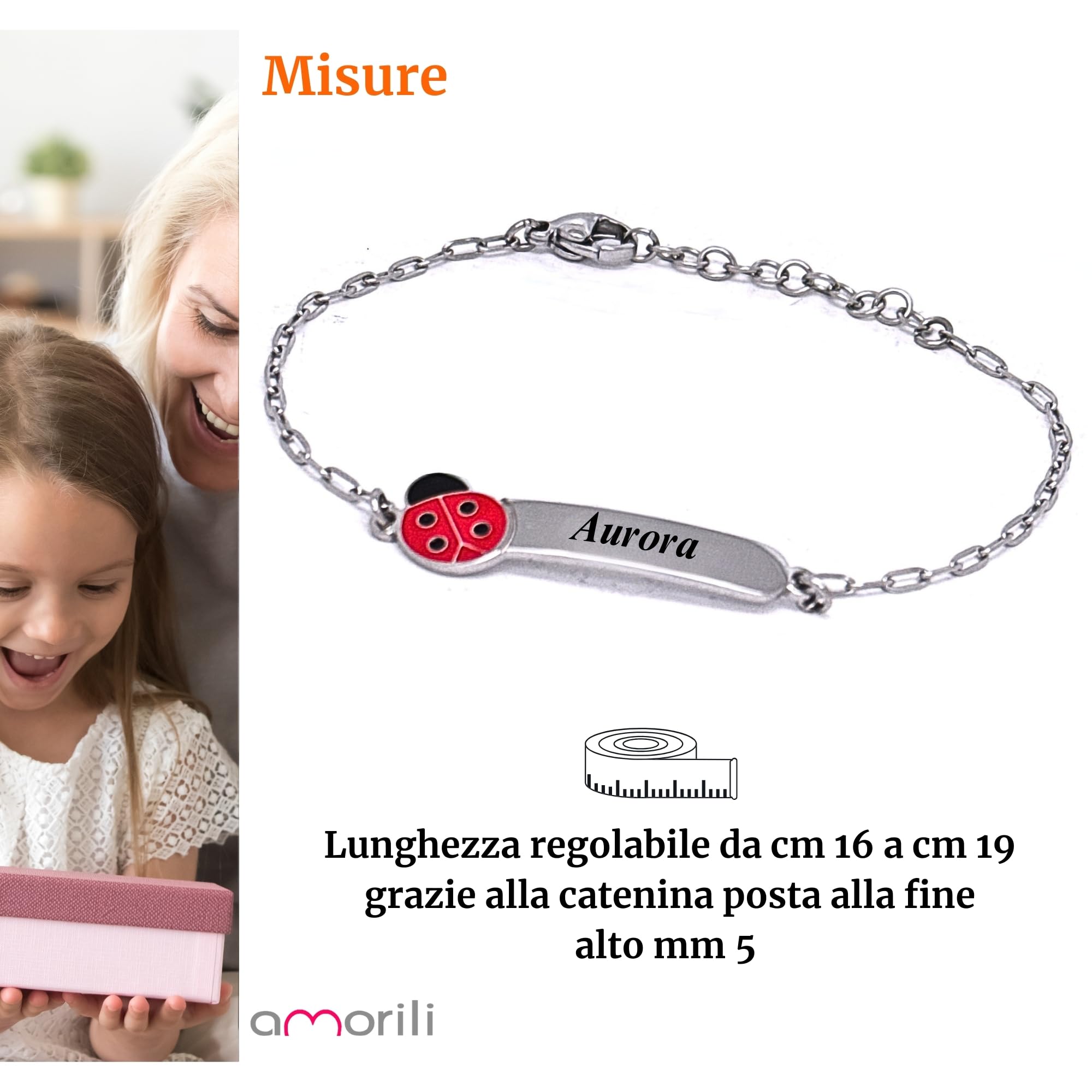 amorili Bracciale Bambina Personalizzato con Nome – Coccinella Portafortuna – Acciaio Inox Anallergico – Idea Regalo Bimba Battesimo Compleanno – Made in Italy bcc3109