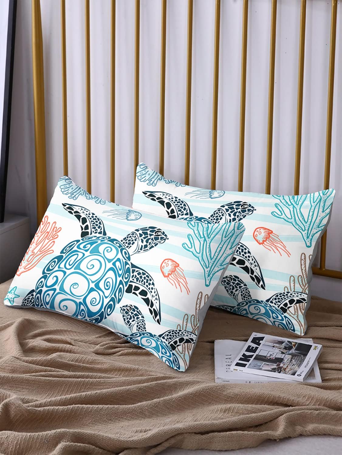 HOSIMA Sea Turtle Bedding Set,Coastal Beach Themed Bedroom Fitted Sheet Queen Size for Kids Teen Girls Boys Room Decor,1 Fitted Sheet+2 Pillowcases.