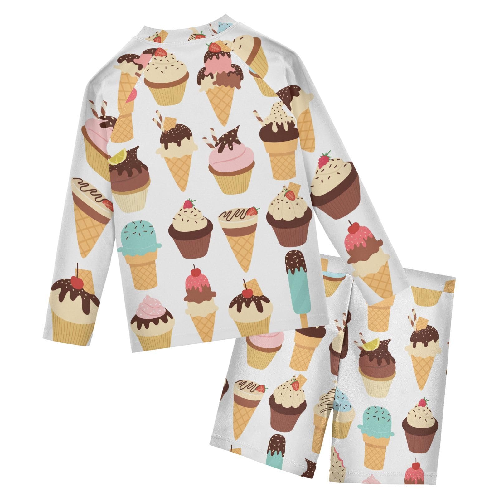 Aflyko Kids' Bathing Suit Set Icecream Cherry Cupcake Long Sleeve Swim Tops with Shorts Summer Vacation Pool Party Rashguard Fun Cute Infant Beachwear, 4T