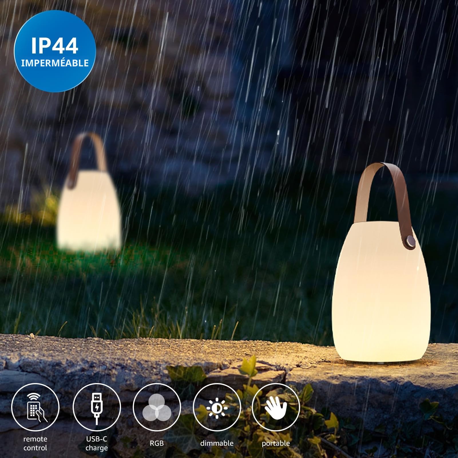 Lot de 2 lampes LED d'extérieur sans fil IP44 - Lampe de table à intensité variable avec télécommande - 8 couleurs
