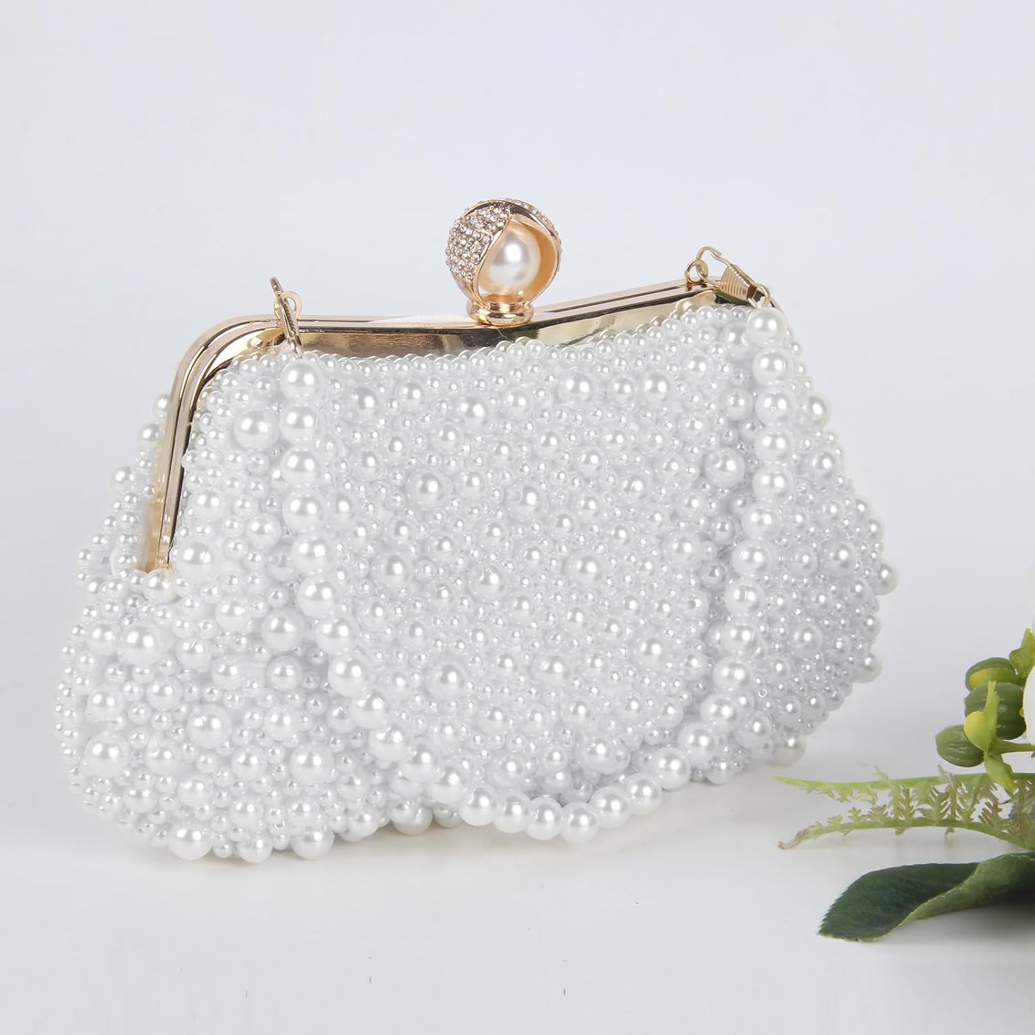Pearl Clutch Purses for Women Beaded Evening Handbag With Chain for Wedding Party Prom Formal Events