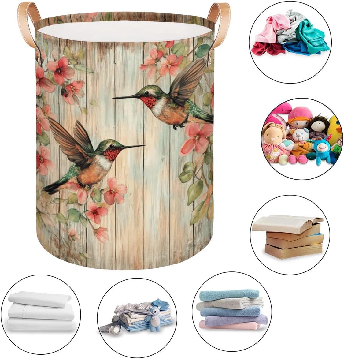 Vintage Flower Hummingbird Laundry Basket Wooden Board Large Laundry Hamper Collapsible Organizer Basket Clothes Bin Storage Boxs for Bedroom Bathroom Dorm