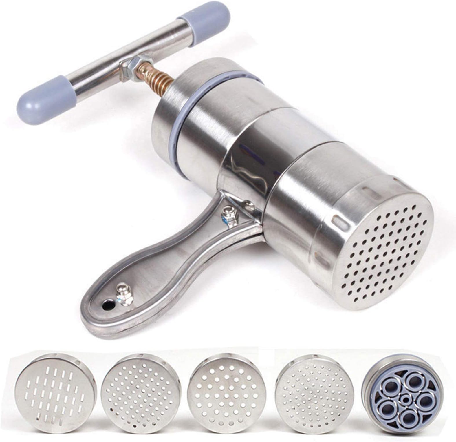 FLaig Kitchen Supplies Household Multifunctional Handheld Manual Noodle Maker, Portable Metal Pasta Press and Fruit Juicer, Includes 5 Interchangeable Noodle Molds, Making Spaghetti, Macaroni Noodles