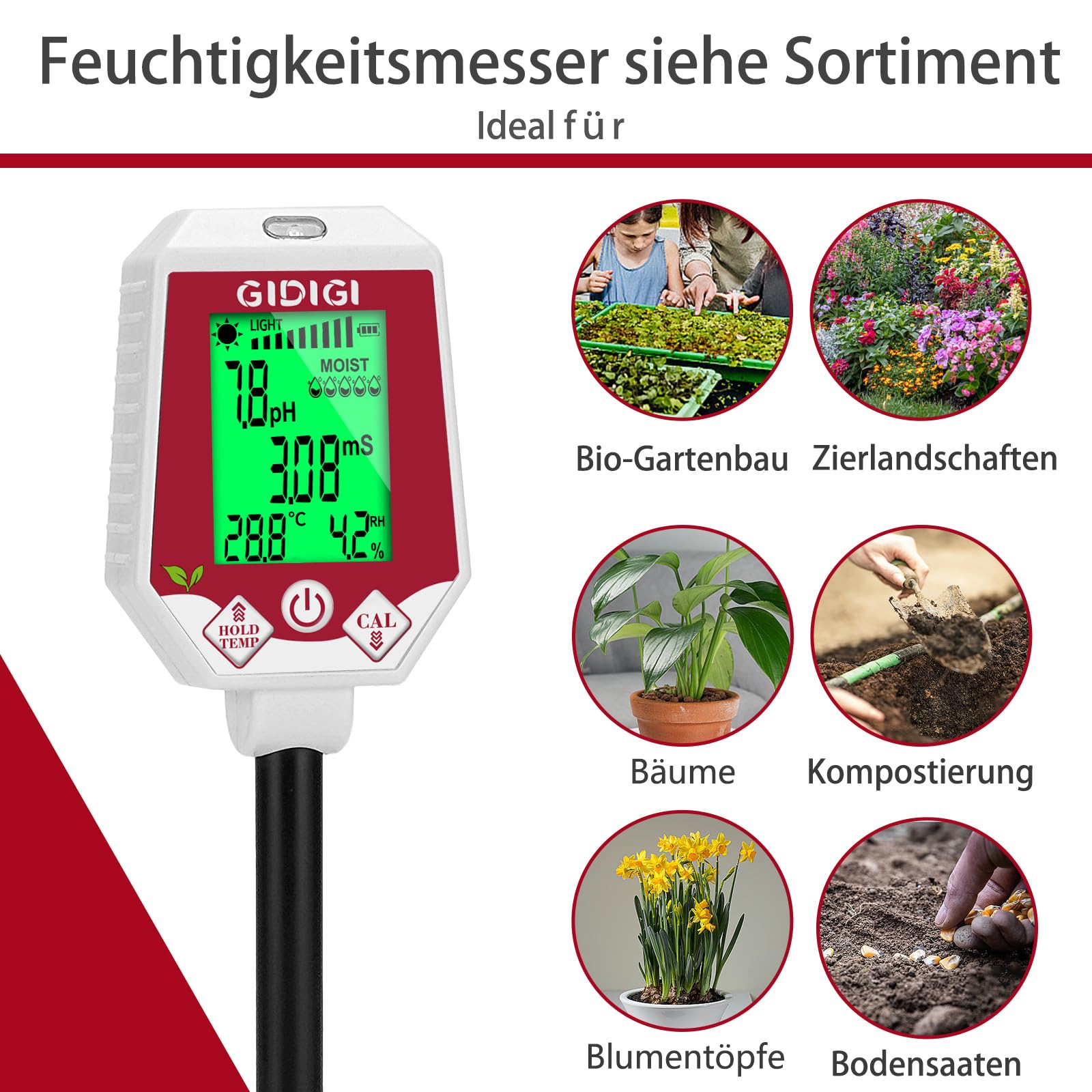 Boden pH Messgerät und Feuchtigkeitstester, 6-in-1 Digitaler Pflanzenbodentester, Boden pH/EC/Sonnenlicht/Bodenthermometer/Luftfeuchte/Bodenfeuchtigkeitsmessgerät für Gartenpflanzen