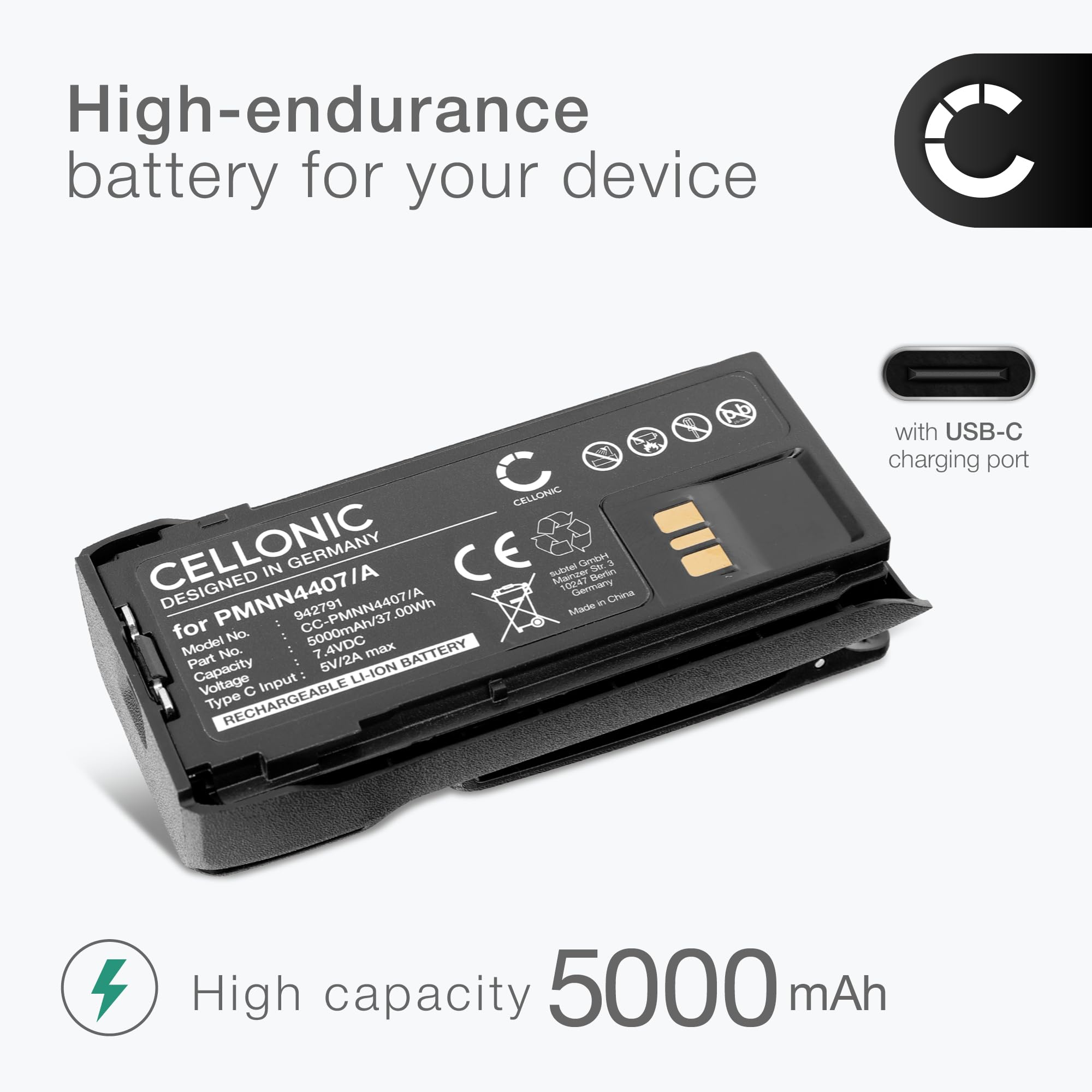 CELLONIC 1x Akku kompatibel mit Motorola R7, R7A, PMNN4407 | 1x, (5000mAh-7.4V-Lithium-Ionen), Funkgerät Akku, für Motorola PMNN4808A, R7A, PMNN4407A, PMNN4807, PMNN4808, PMNN4810A