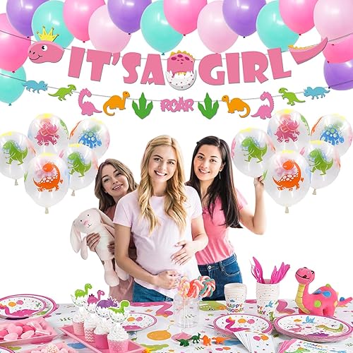 Miniatura 6 de Mpanwen Decoraciones de baby shower de dinosaurio para niña, suministros de fiesta de dinosaurio rosa para niñas, fiestas de cumpleaños, con