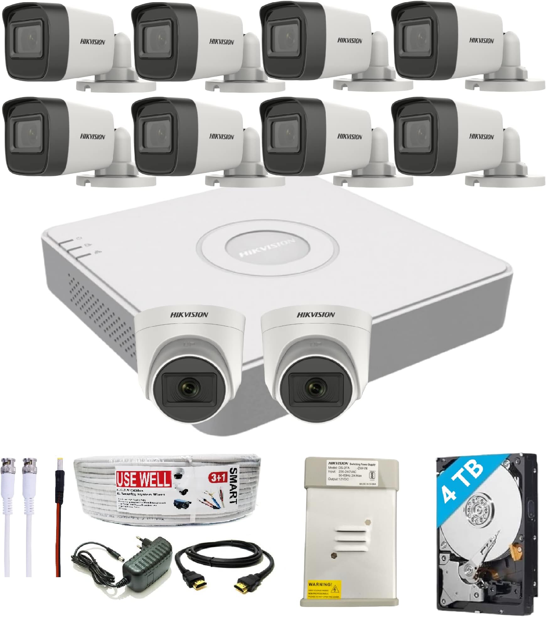 HIKVISION 16 Channel DVR with 5 MP 8 Bullet & 2 Dome Cameras with Audio Recording + 4 TB HDD + (3+1) Cable roll + 16 CH Power Supply + USEWELL BNC & DC Full Combo Kit