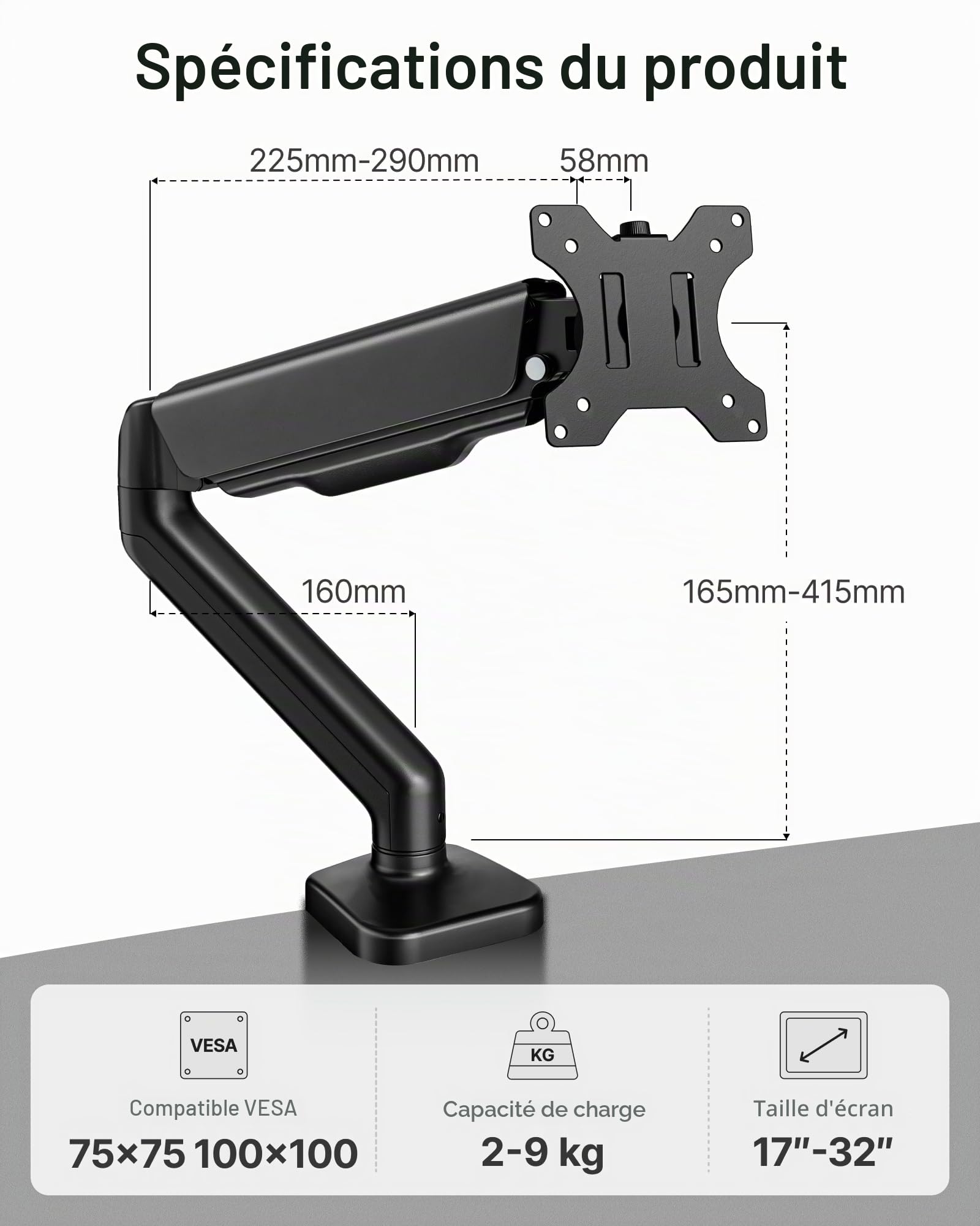 monTEK Bras Ecran Pc 17/32",VESA 75/100mm,Charge Jusqu'à 9 Kg