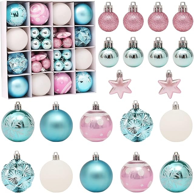 Adisno 42 PCS Christmas Tree Baubles, Christmas Balls Decorations, Shatterproof, Christmas Tree Decorations Balls for Xmas Tree Wedding Party Festival Decor (Pink/Blue/White)