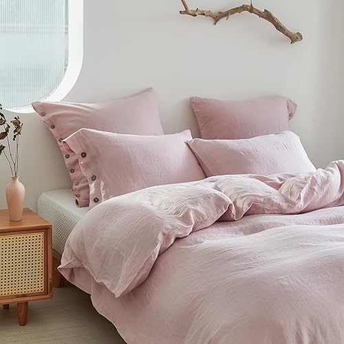 Miniatura 6 de Simple&Opulence - Juego de funda de edredón 100 % lino, 3 piezas con cierre de botón de coco, de lino francés lavado, color liso, suave,