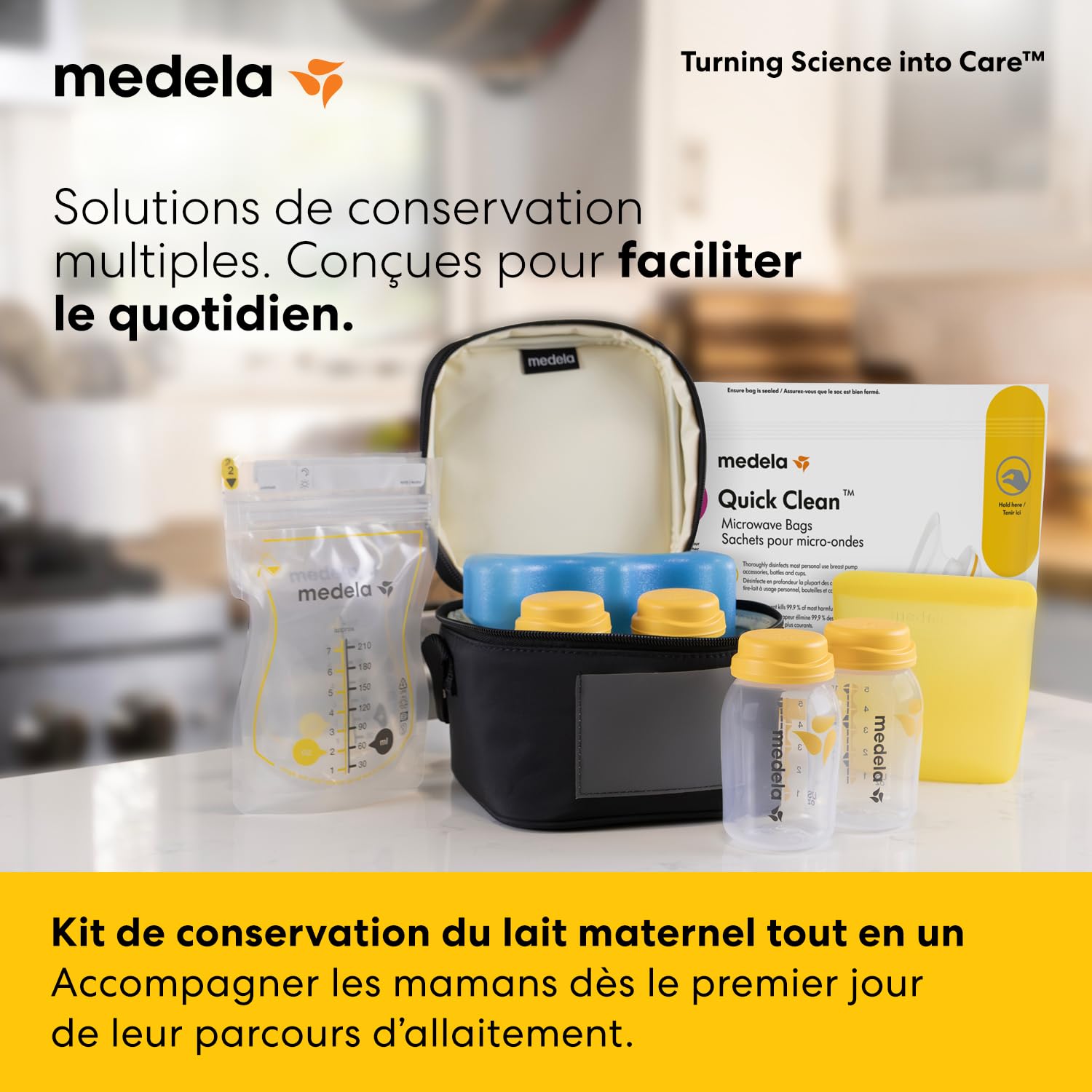 Medela kit de conservation du lait maternel tout-en-un avec biberons de 150 ml, sachets Easy Pour et réutilisables, sachet pour micro-ondes Quick Clean et sac isotherme avec poche de glace profilée