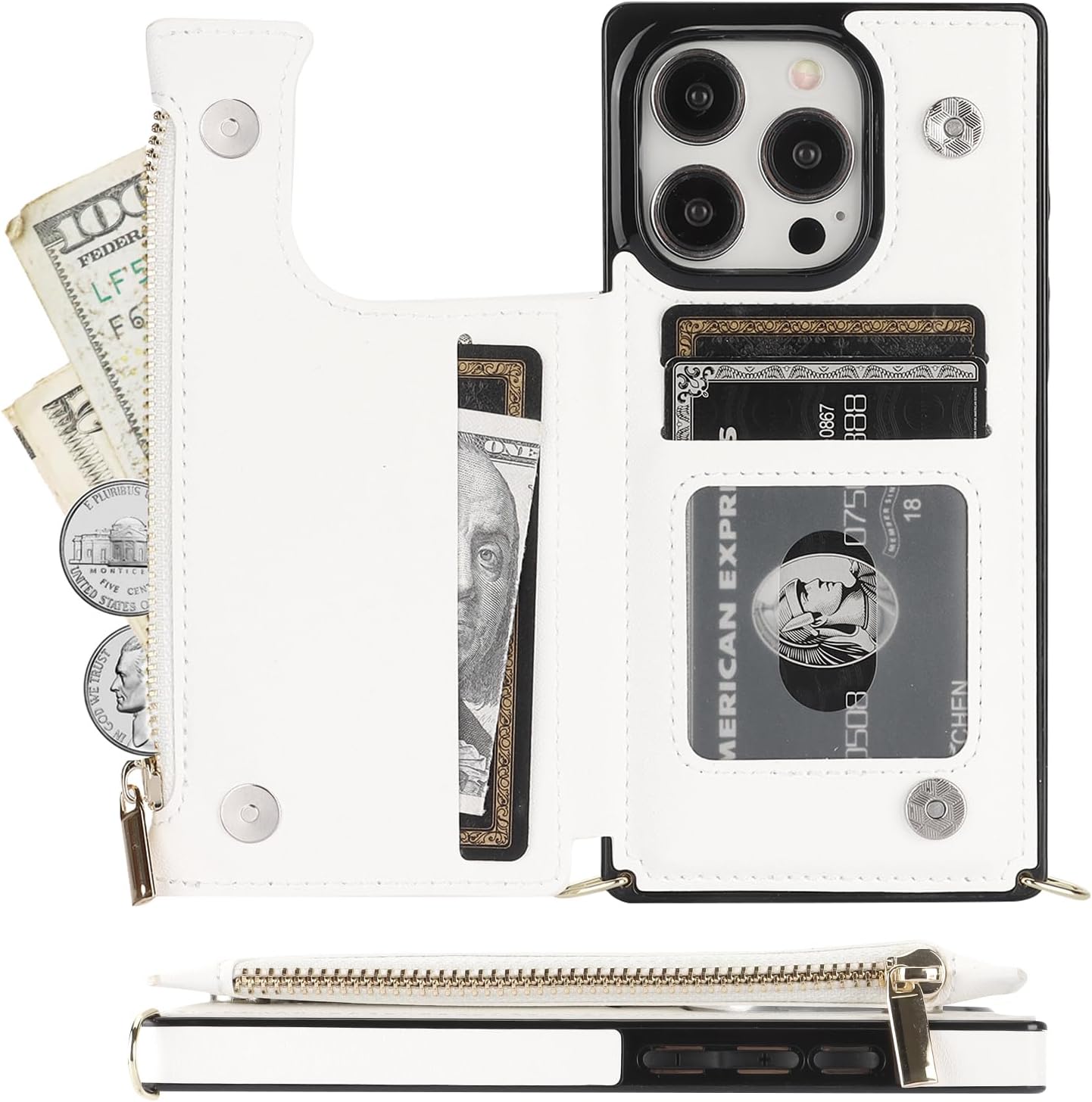 Bocasal Crossbody Wallet Case for iPhone 15 Pro with RFID Blocking Card Slot Holder, Magnetic Flip Folio Purse Case, PU Leather Zipper Handbag with Detachable Lanyard Strap 6.1 Inch 5G (White)