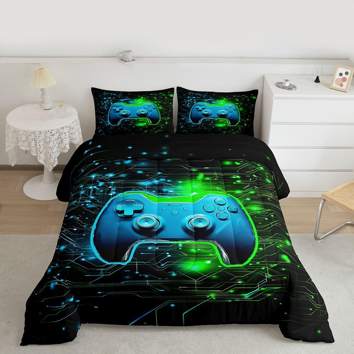 Feelyou Kids Blue Green Gamer Duvet Insert Toddler Size, Gaming Comforter Set Boys Girls Modern Game Bedding Set Teens Bedroom Decor 2Pcs