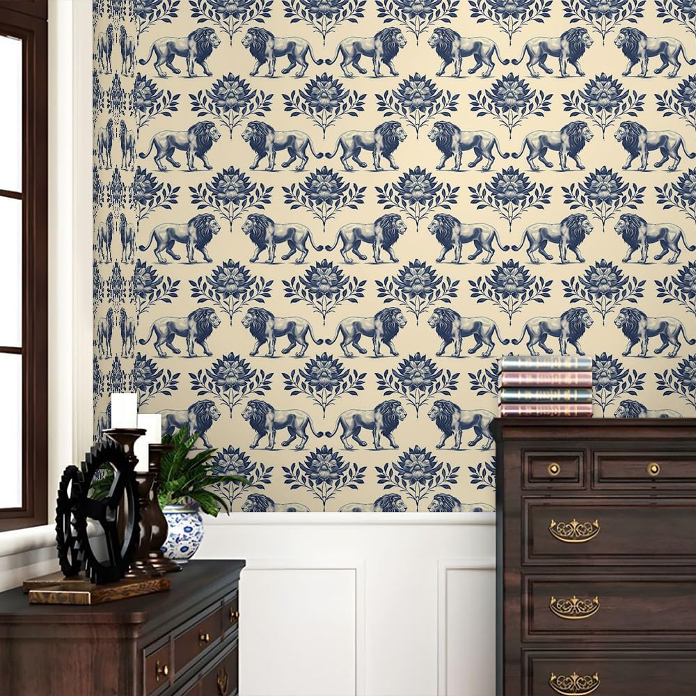 REDAMANCY Boho Beige Teal Blue Damask Flower Lion Peel and Stick Wallpaper Vintage Wall Paper Stick on Contact Paper Easy Peel Off for Bedroom nightstand Drawer Renter Friendly 17.7"x236"