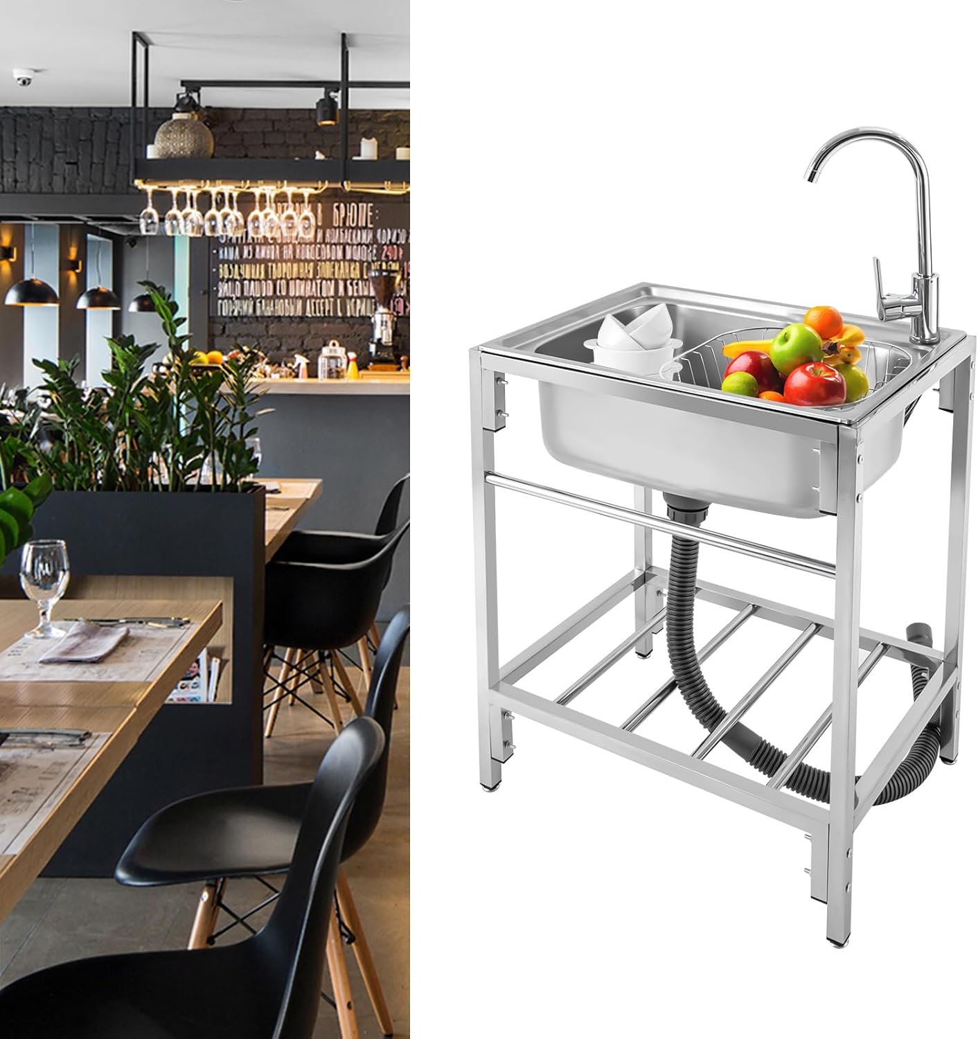 Stainless Steel Utility Sink, Single Bowl Free Standing Kitchen Sink with Faucet,Topmount Kitchen Sink for Farmhouse, Bathroom, Bar, Laundry Room (23.6 X 17.7 X 29.5 inch)