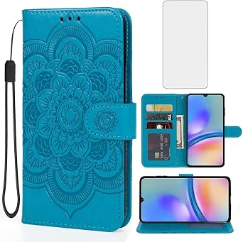 Case for Galaxy A05S Case, Samsung A05S SM-A057F Wallet Case with Tempered Glass Screen Protector, Mandala Leather Flip Credit Card Holder Stand Phone Cover Cases for Samsung Galaxy A05S Blue