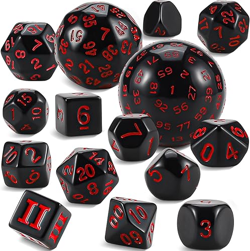 CiaraQ DND - Juego de dados poliédricos (15 piezas) D4-D100 con bolsa de dados para juegos de mesa de rol de Calabozos y Dragones (negro y rojo)