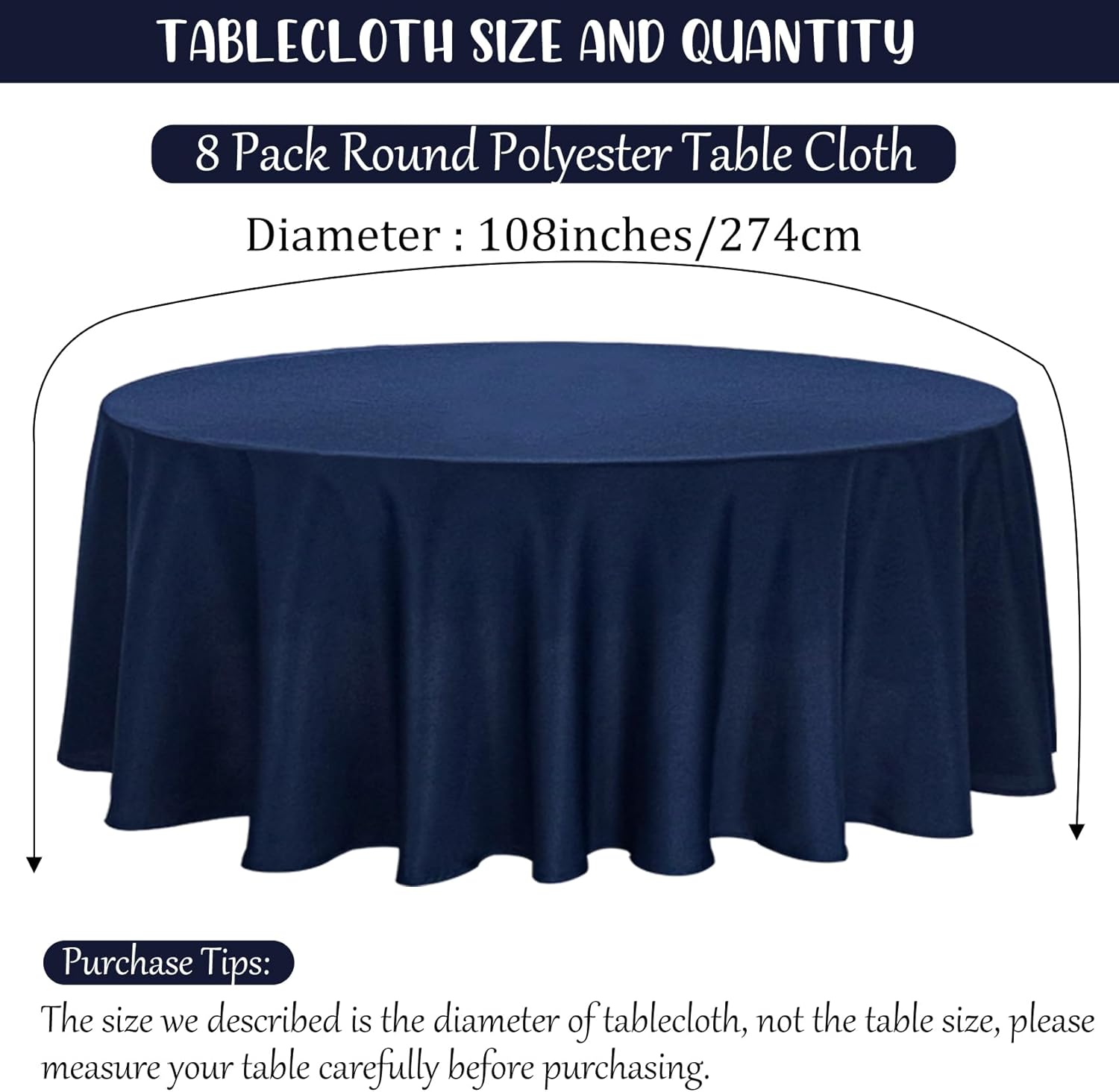 fivenl 8 pack premium round tablecloth 108 inch round table covers washable polyester fabric round table clothes for wedding party reception banquet buffet restaurant (navy blue, 108 inch) 108 inch round navy blue 8
