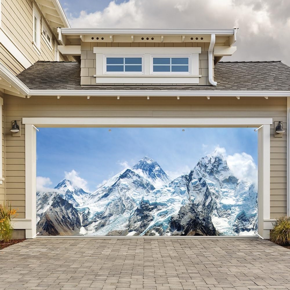 7x16ft Snow Mountain Garage Door Decoration Banner Winter Scenery Blue Sky Snow-Covered Alpine Snow High Hill Peak Ski Nature Landscape Garage Door Cover for Xmas New Year Party Outdoor Wall Decor