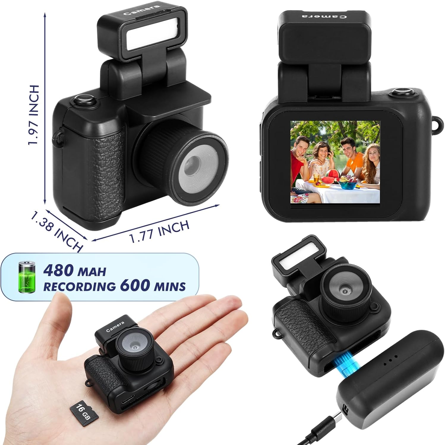 Mini Digital Camera Keychain with Flash Light 1080p Tiny Camera Mini Retro Micro Dv/camcorder with 600 Mins Battery Portable Recorder for Valentine's Gifts Travel Study Recording(Black,16 Gb)