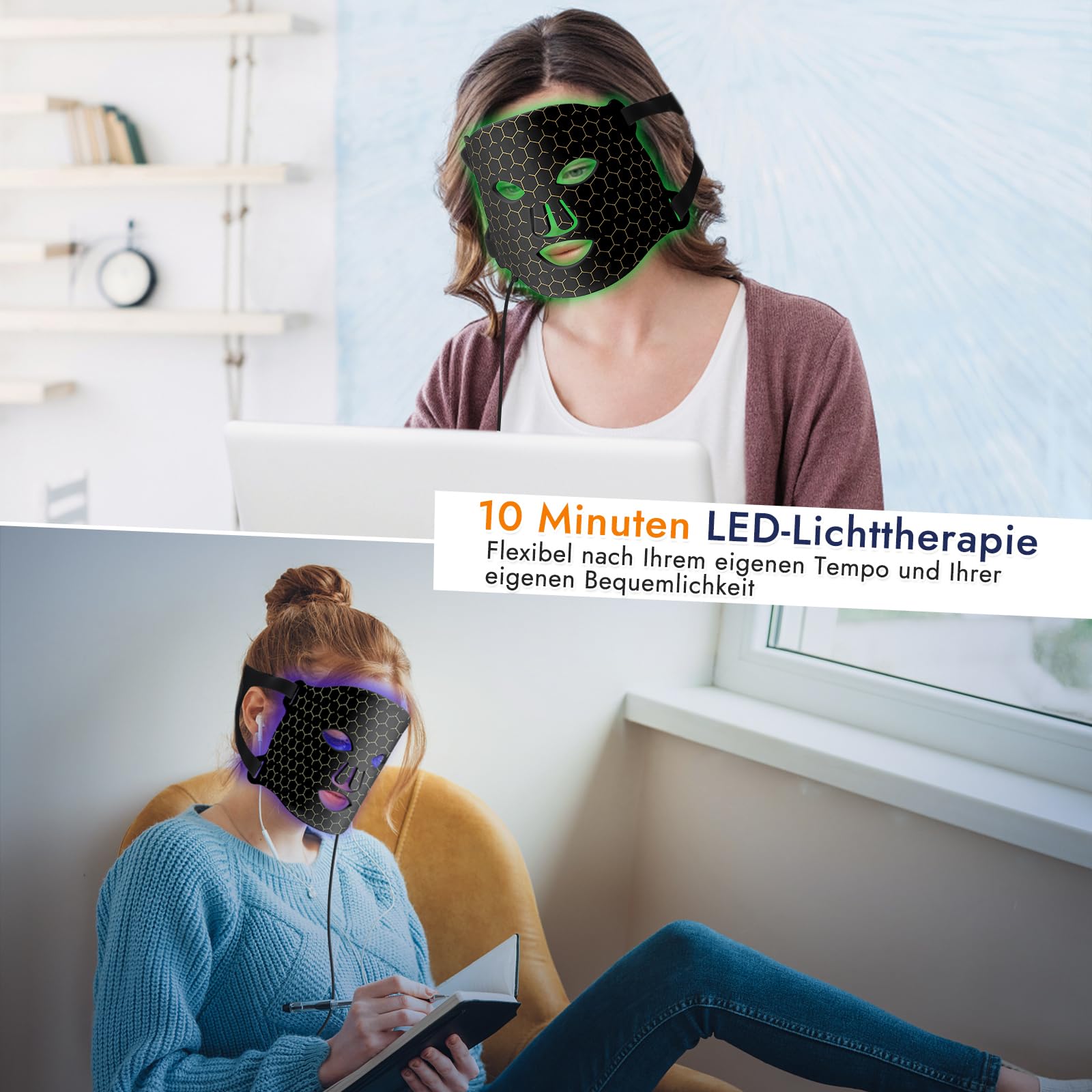 Rotlicht Mask Gesicht, Rotlichtlampe LED Maske Gesicht 7 FarbenLichtmaske mit 270 Perlen, Wiederaufladbare LED Maskes Gesichts für Gesichtsschönheit, Anti-Aging, Verjüngung